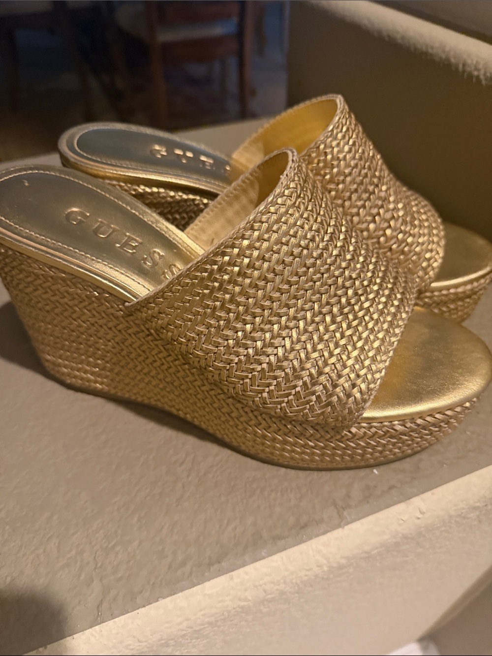 GUESS Metallic Gold Woven Platform Wedge Sandals